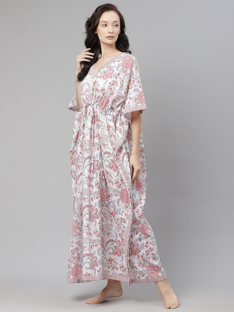 Women's White And Pink Floral Print Kaftan