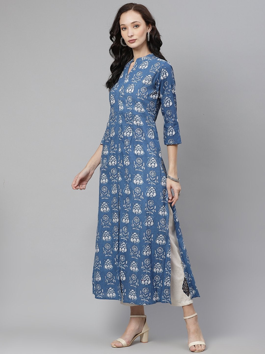 Women's Blue Cotton Shrug Style Kurta  - Wahenoor