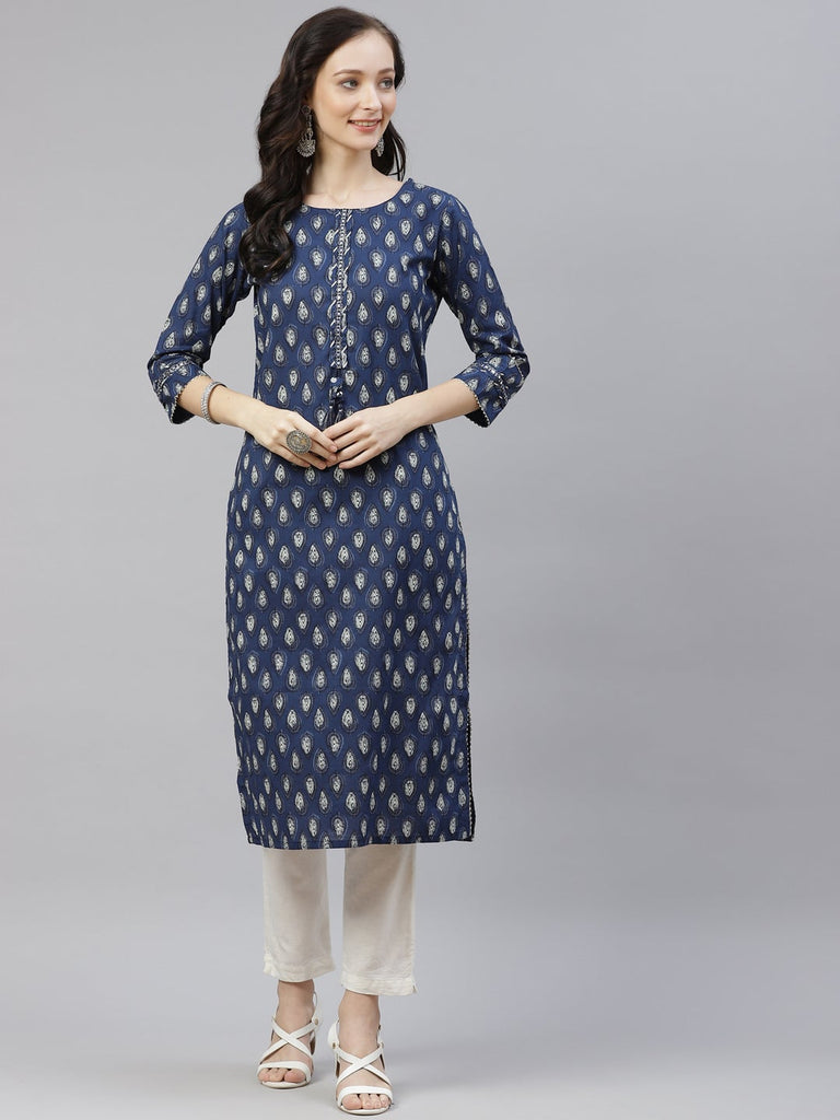 Women's Blue Booti Print Cotton Straight Kurt