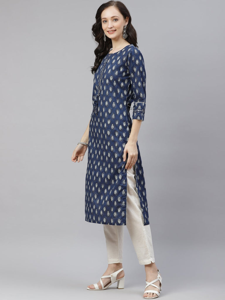 Women's Blue Booti Print Cotton Straight Kurt