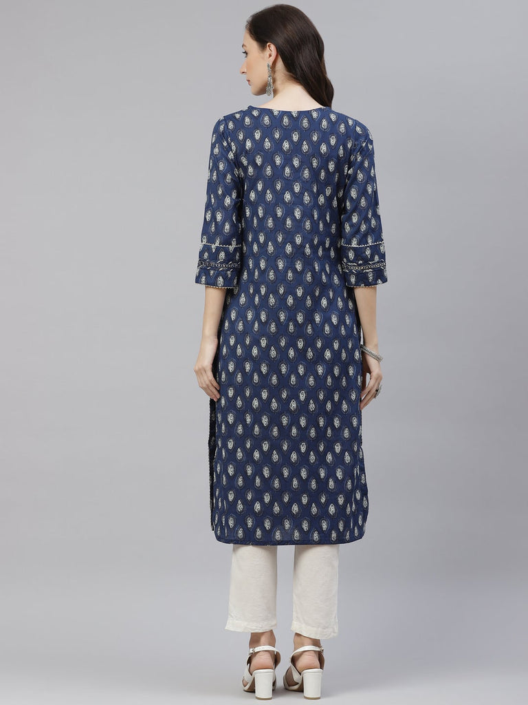 Women's Blue Booti Print Cotton Straight Kurt