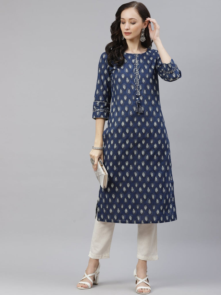 Women's Blue Booti Print Cotton Straight Kurt