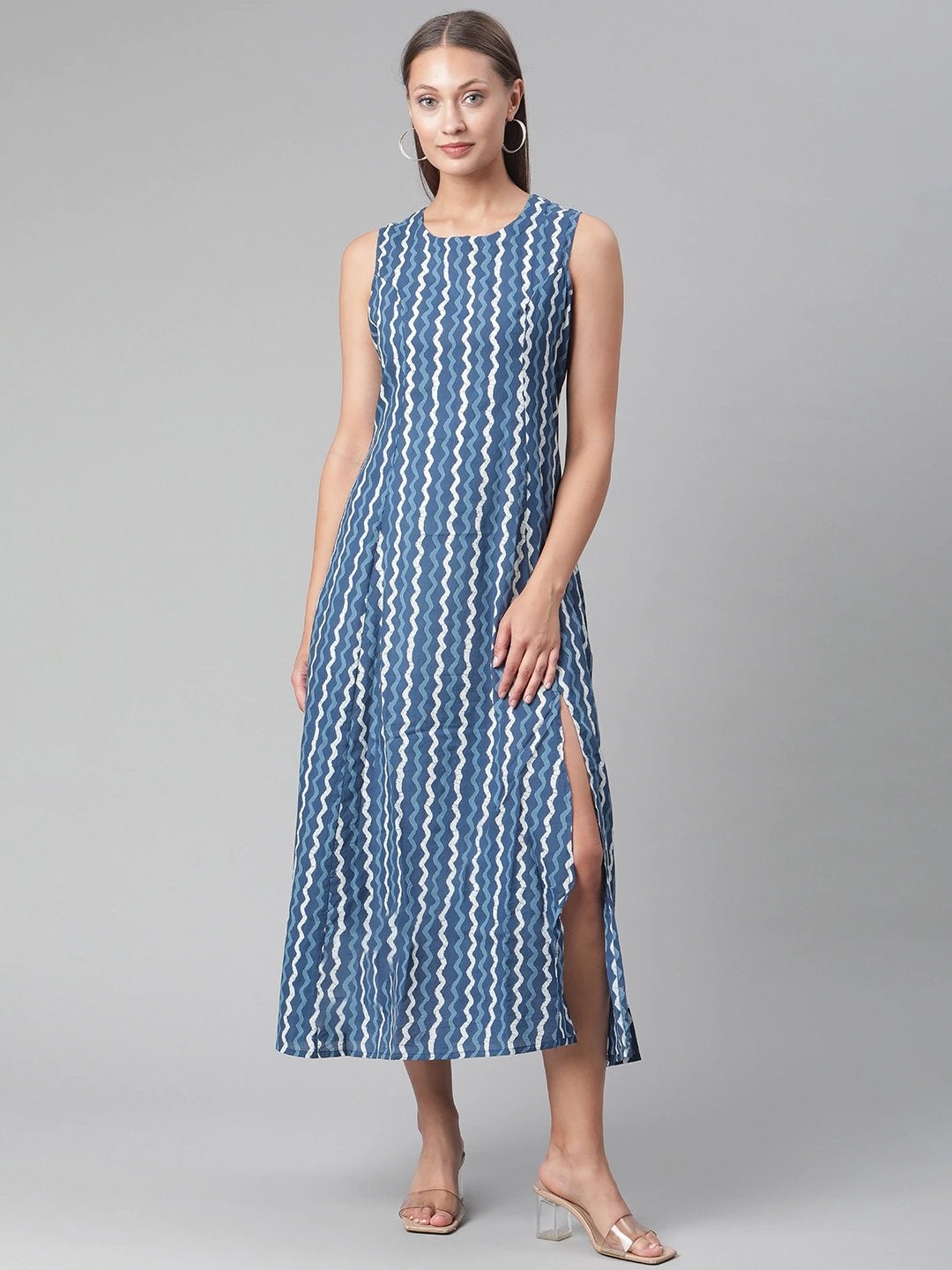 Women's Blue Cotton Long Dress - Divena