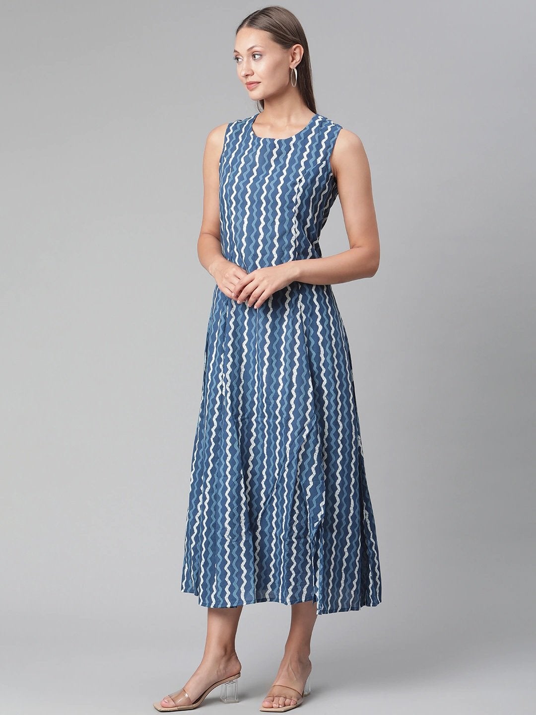 Women's Blue Cotton Long Dress  - Wahenoor