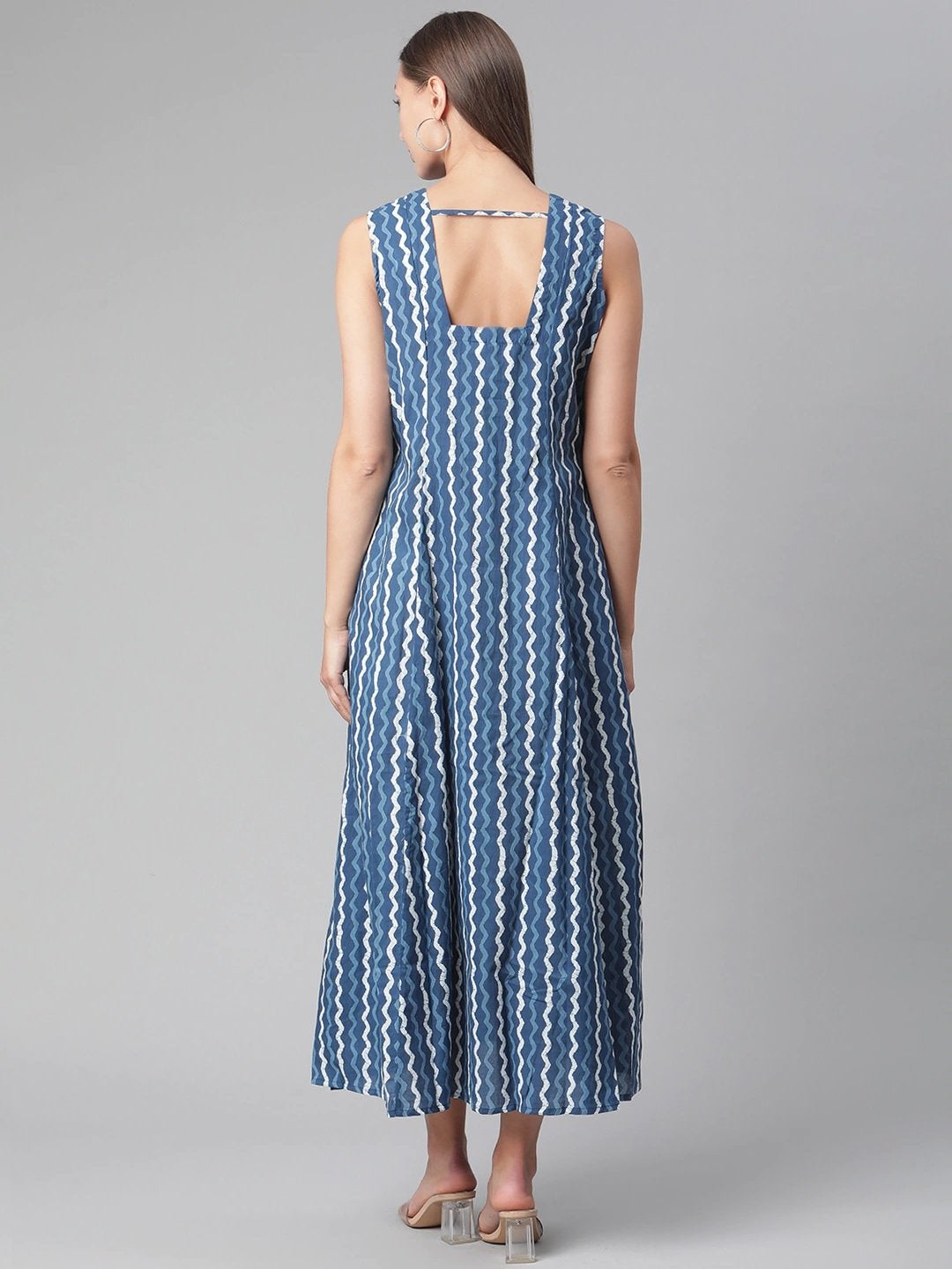 Women's Blue Cotton Long Dress  - Wahenoor