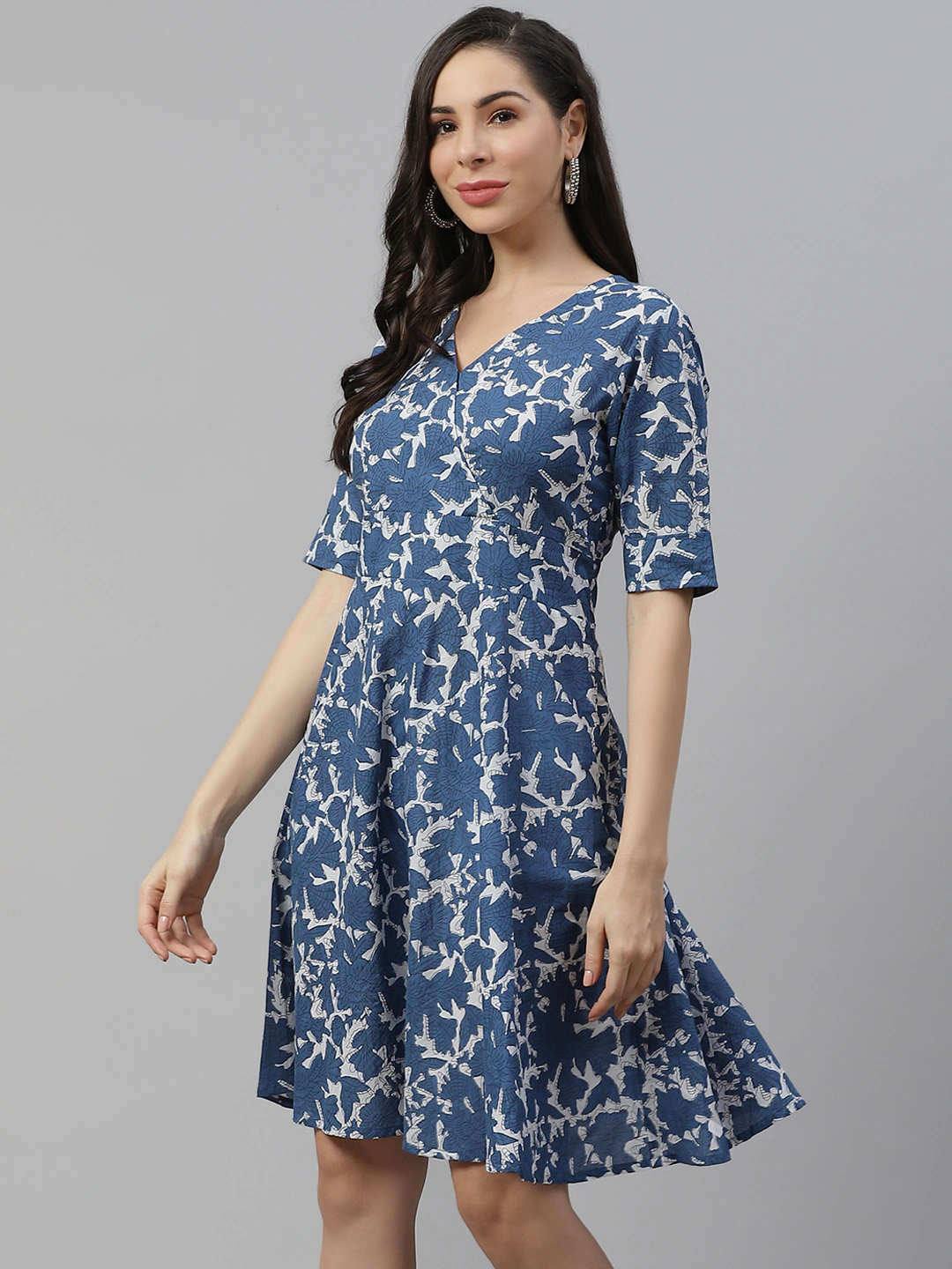 Women's Indigo Print Knee Length Dress - Divena
