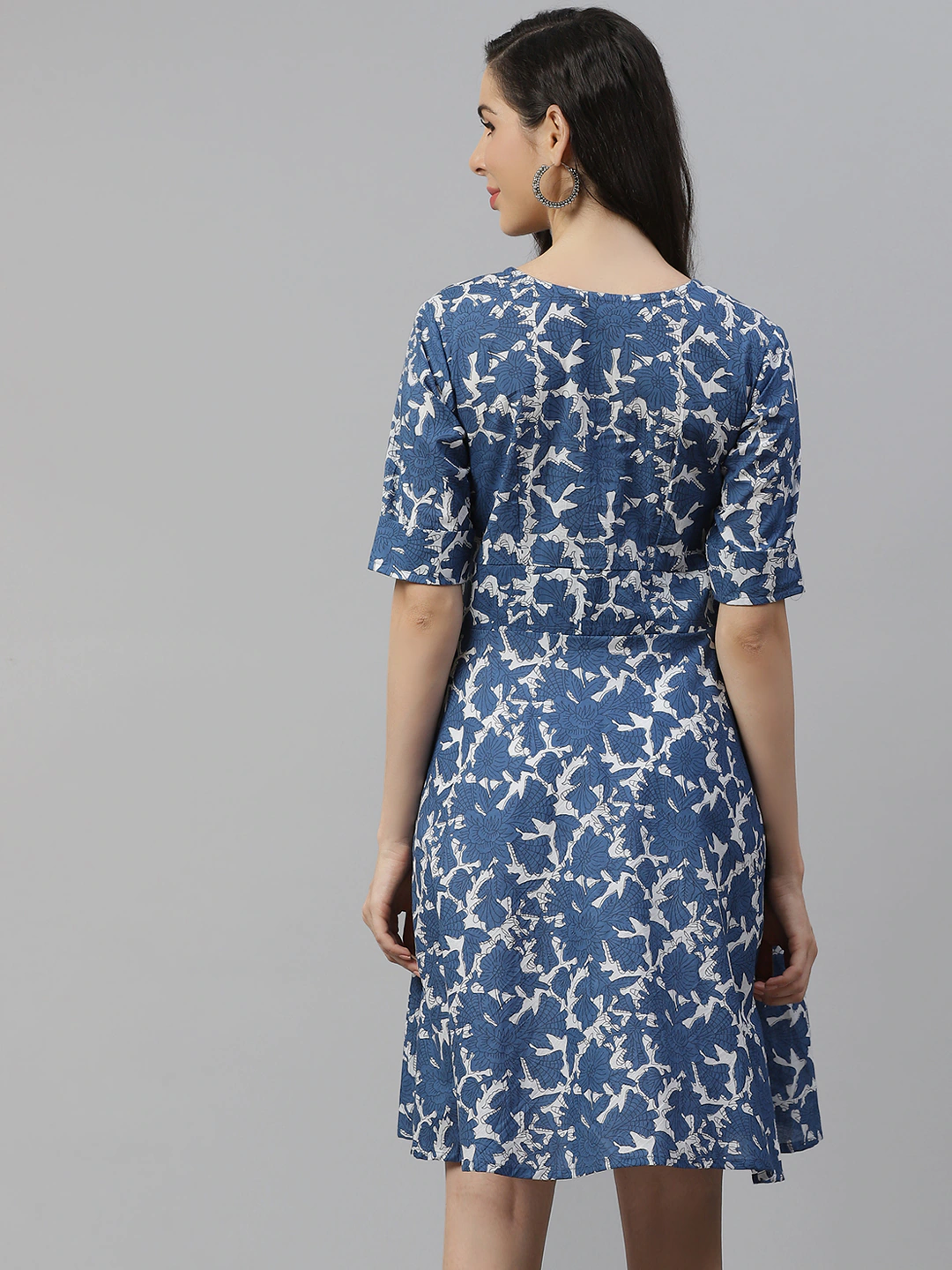 Women's Indigo Print Knee Length Dress - Divena