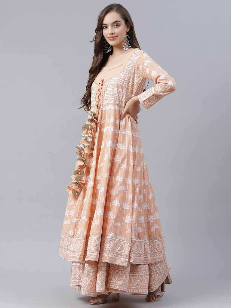 Women's Peach Double Layered Cotton Flared Kurta With Jacket