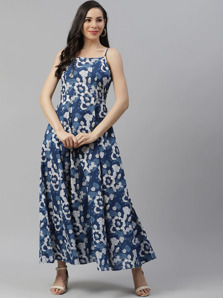Women's Indigo Print Cotton Long Dress