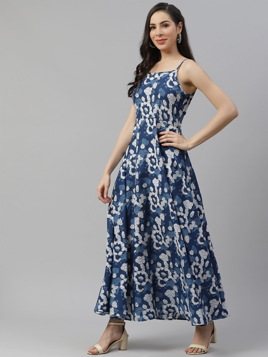 Women's Indigo Print Cotton Long Dress  - Wahenoor