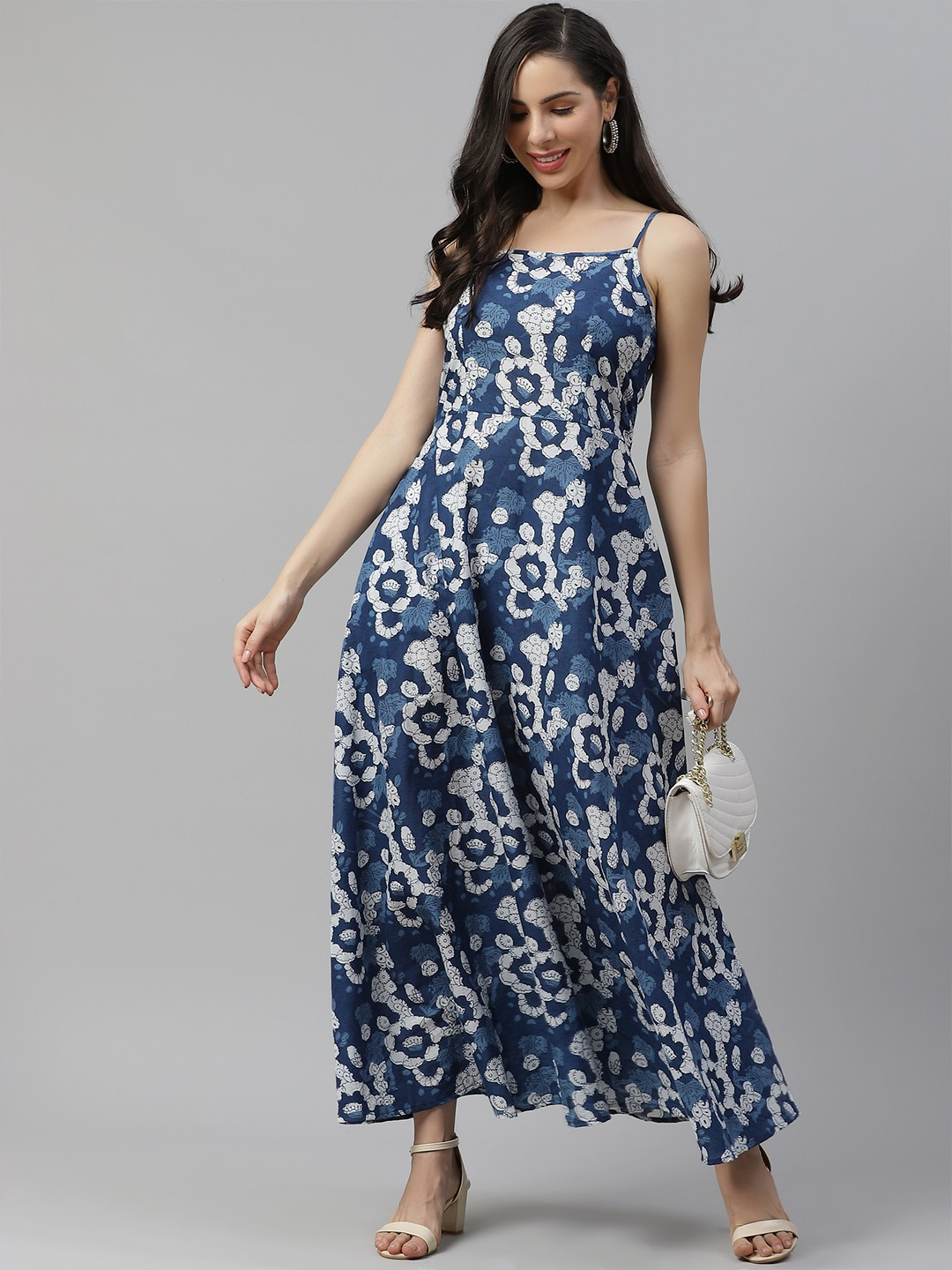 Women's Indigo Print Cotton Long Dress  - Wahenoor