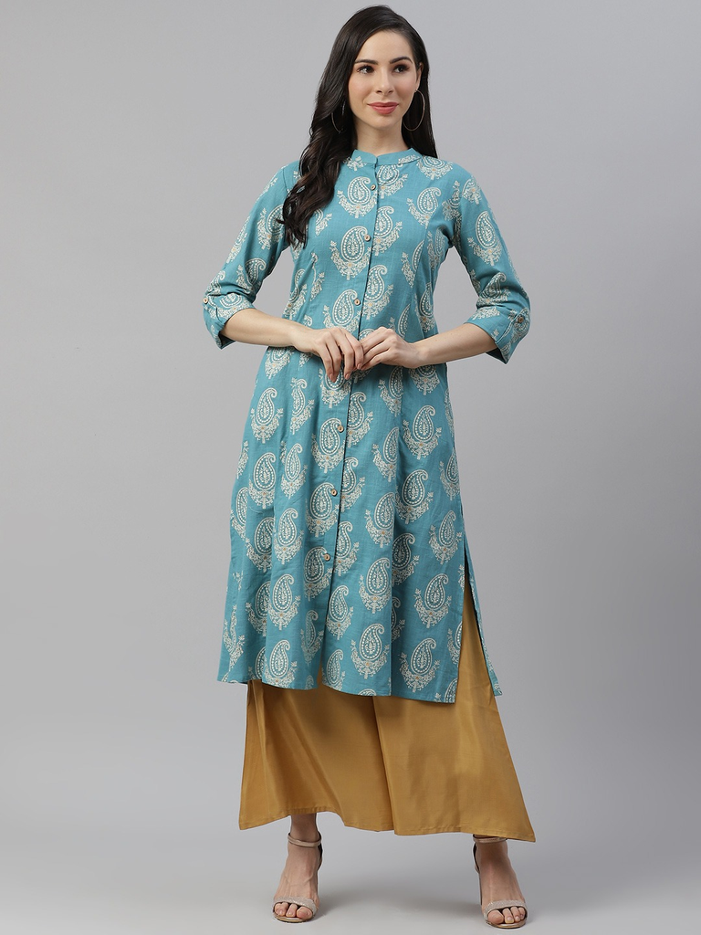 Women's Sky Blue Cotton Printed Kurta