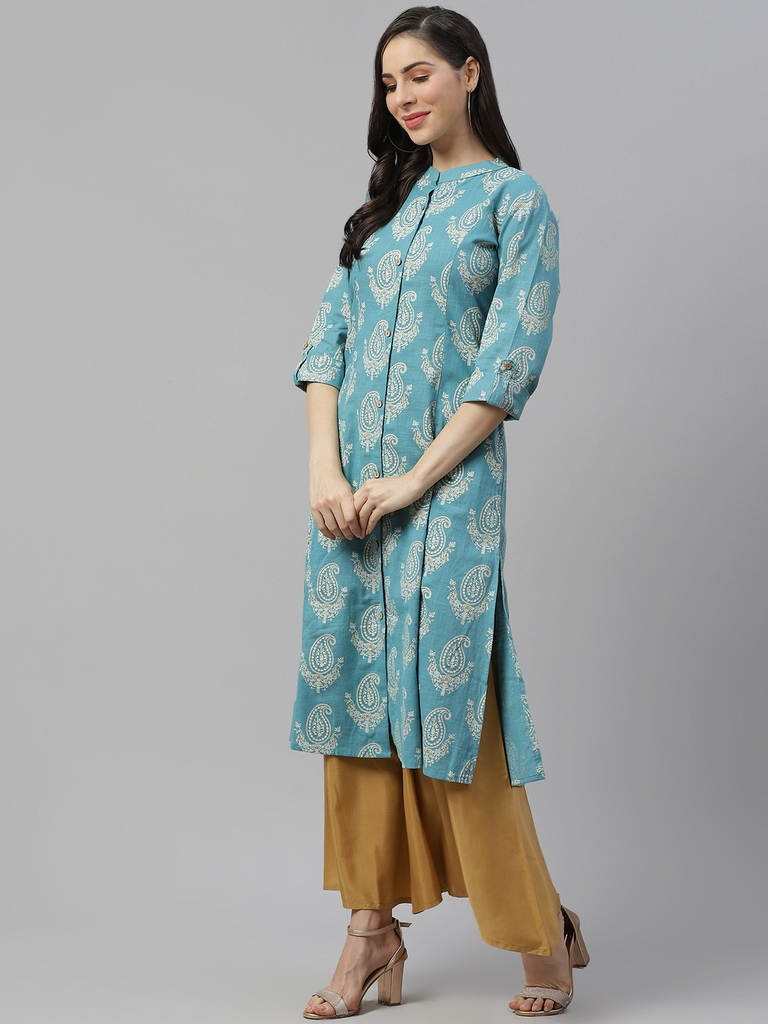 Women's Sky Blue Cotton Printed Kurta