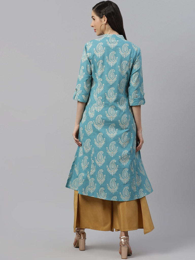 Women's Sky Blue Cotton Printed Kurta