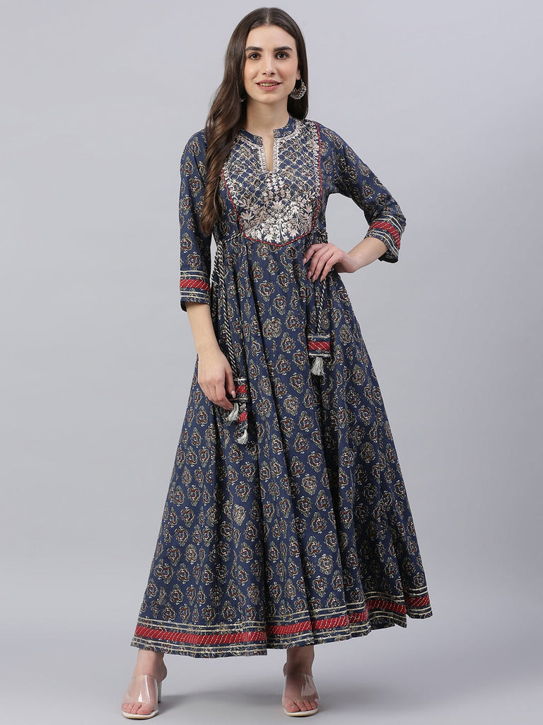 Women's Blue Cotton Anarkali Kurta