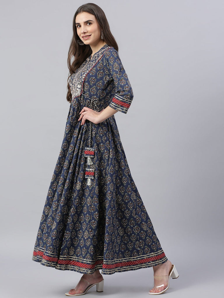 Women's Blue Cotton Anarkali Kurta
