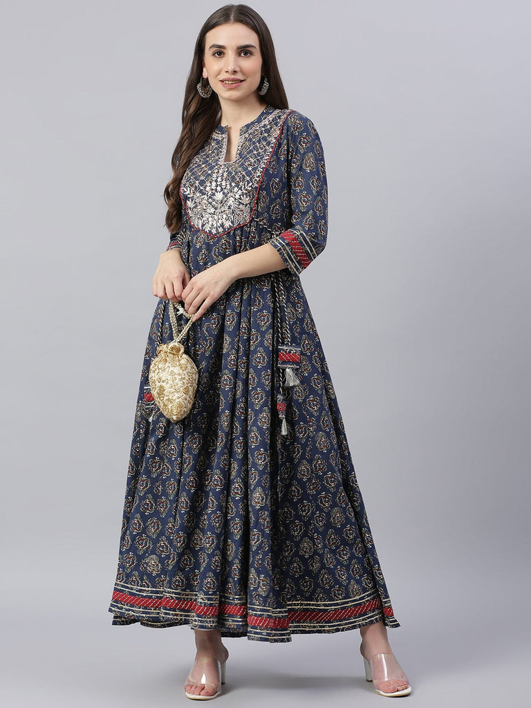 Women's Blue Cotton Anarkali Kurta