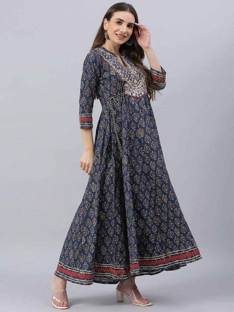 Women's Blue Cotton Anarkali Kurta