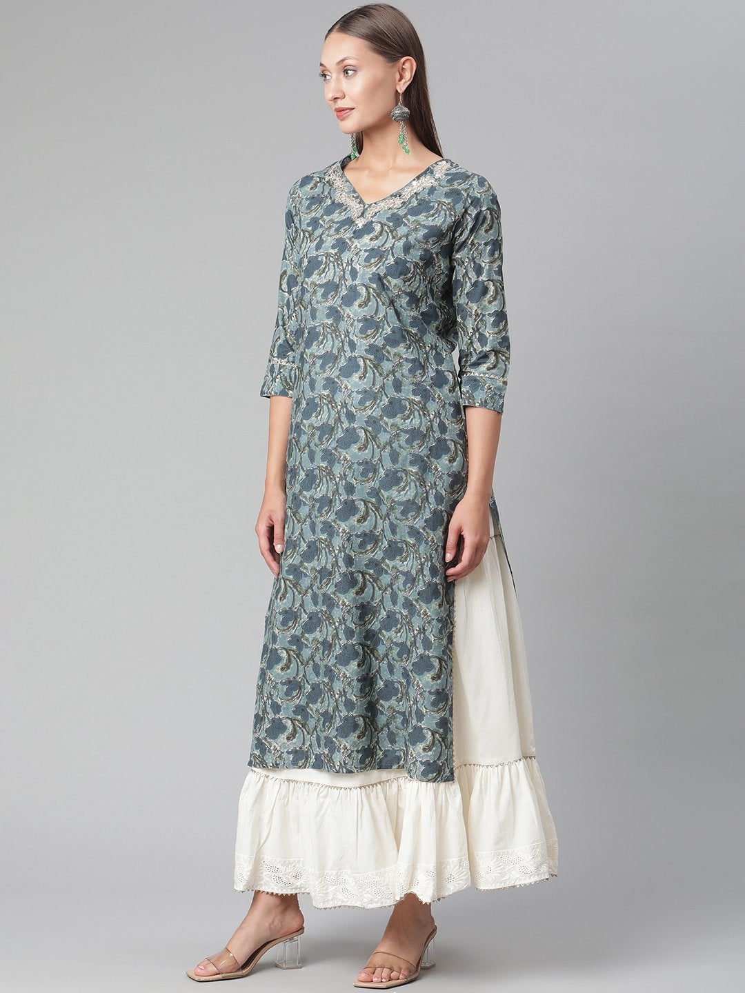 Women's Blue Cotton Kurta With Skirt  - Wahenoor