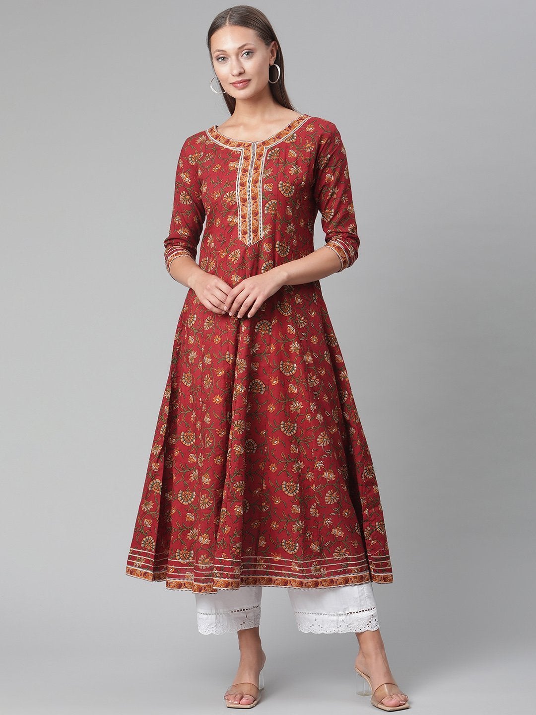 Women's Red Flaired Cotton Anarkali Kurta - Divena