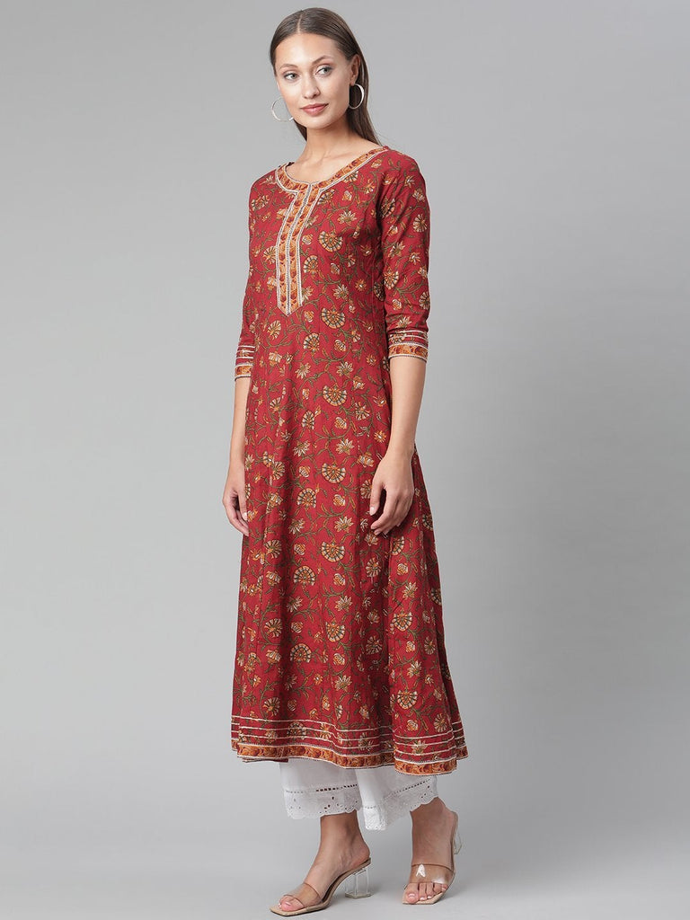 Women's Red Flaired Cotton Anarkali Kurta