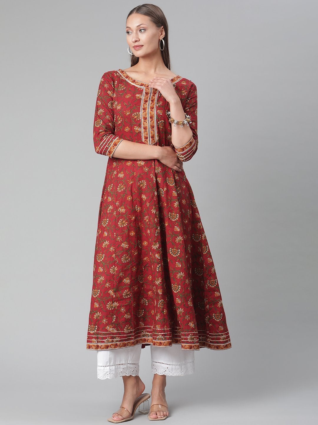 Women's Red Flaired Cotton Anarkali Kurta - Divena