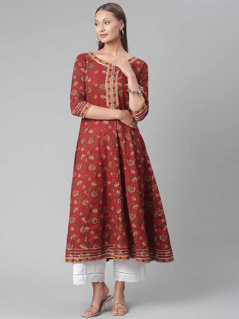 Women's Red Flaired Cotton Anarkali Kurta