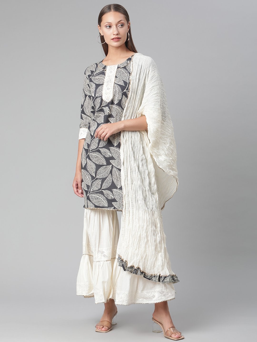 Women's Printred Cotton Kurta Set With Sharara And Dupatta - Noz2Toz