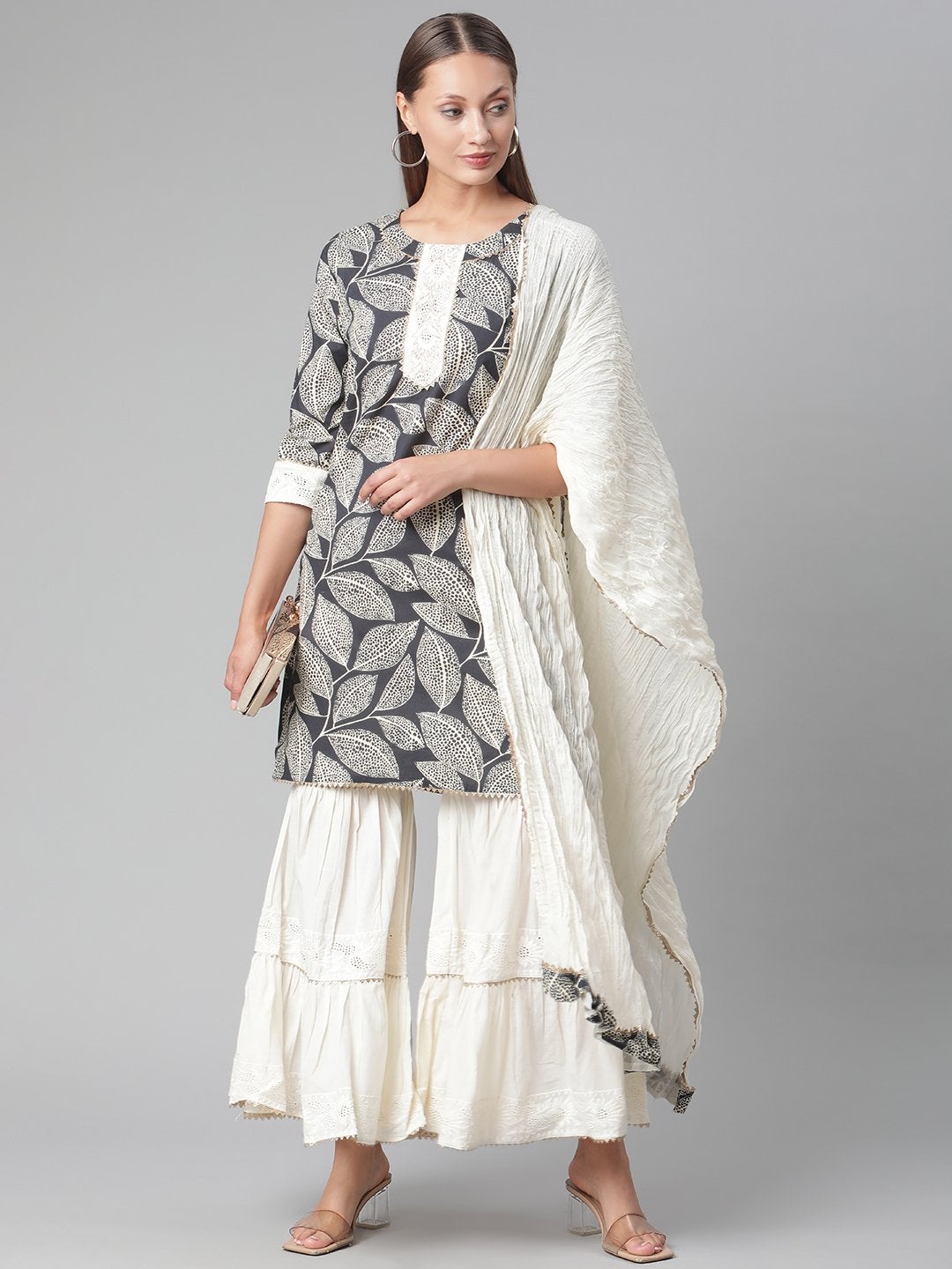 Women's Printred Cotton Kurta Set With Sharara And Dupatta - Noz2Toz