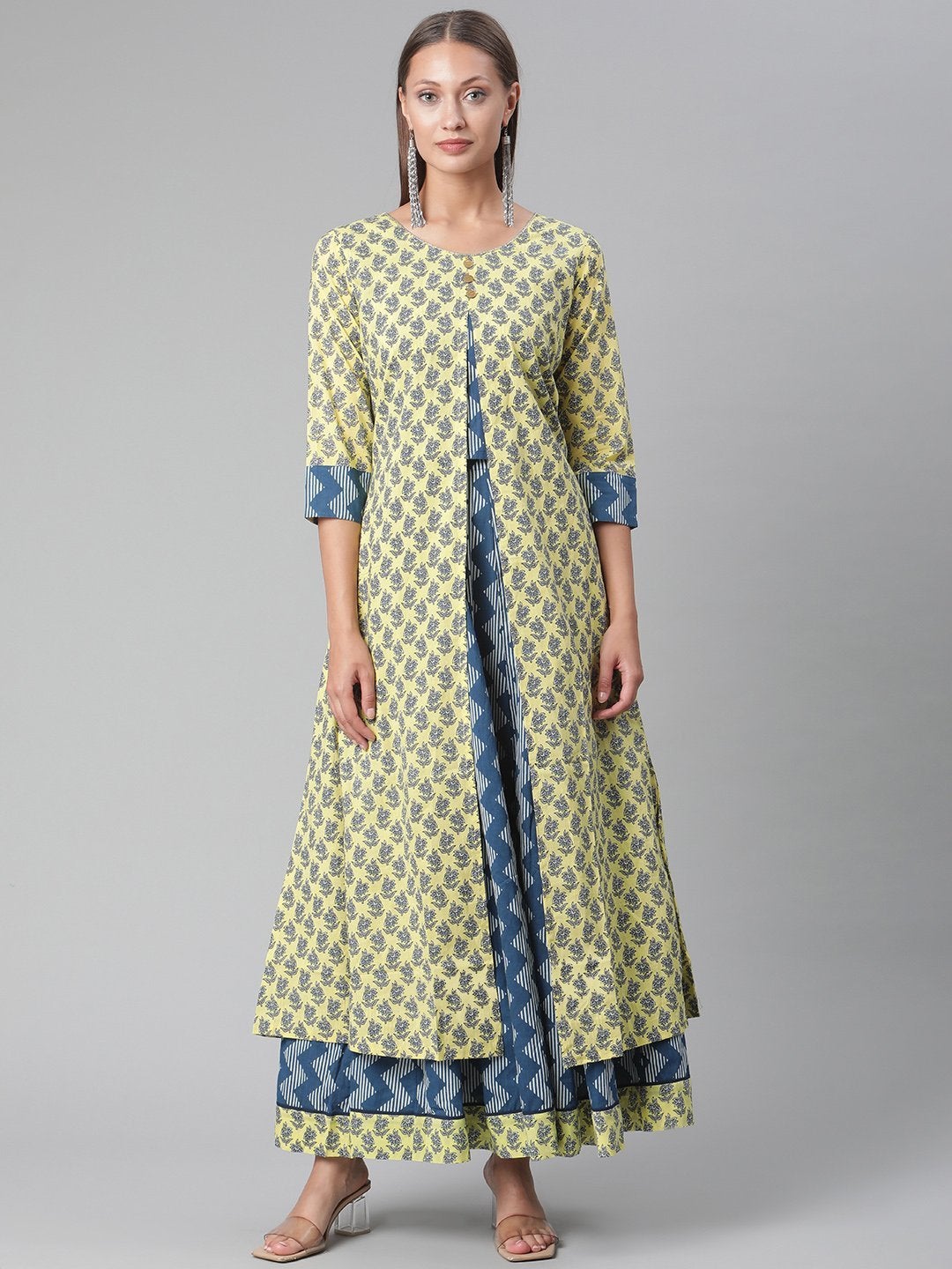 Women's Yellow Shurg Style Cotton Kurta With Skirt  - Wahenoor