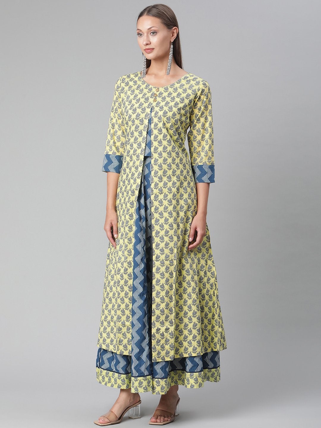 Women's Yellow Shurg Style Cotton Kurta With Skirt  - Wahenoor