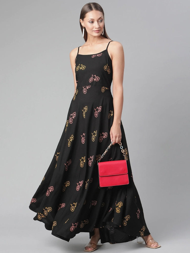 Women's Black Rayon Long Dress