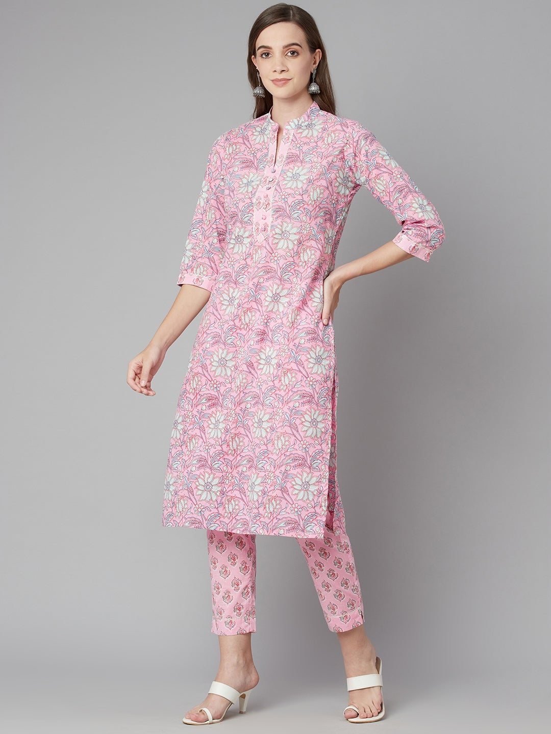 Women's Pink Floral Printed Cotton Kurta Pant Set - Wahenoor