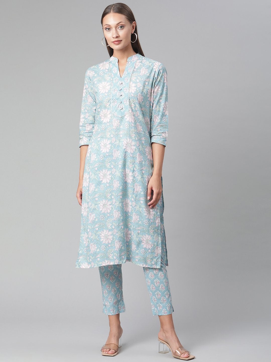 Women's Sky Blue Cotton kurta Pant set - Divena