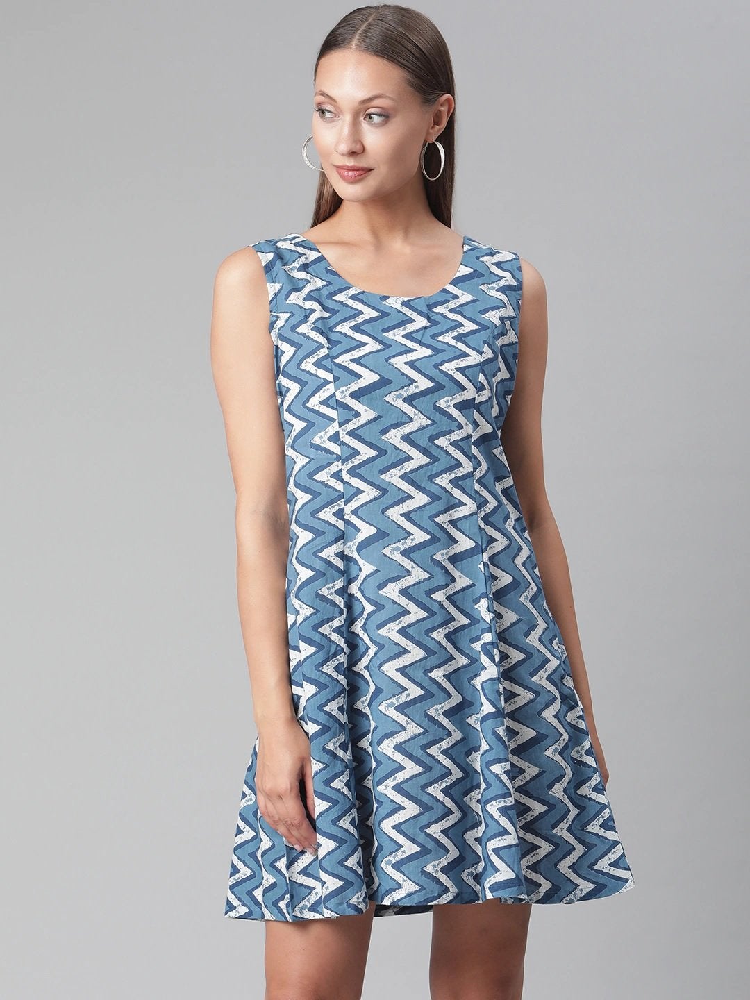 Women's Blue Knee Length Cotton Dress - Divena
