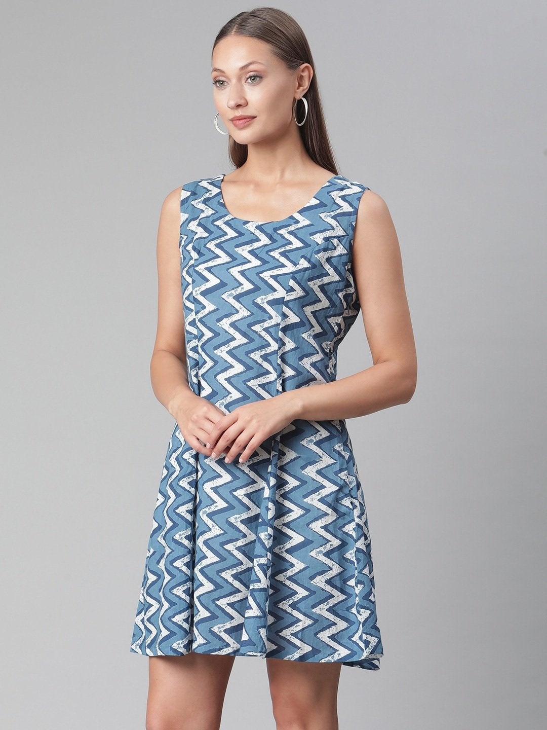 Women's Blue Knee Length Cotton Dress - Divena