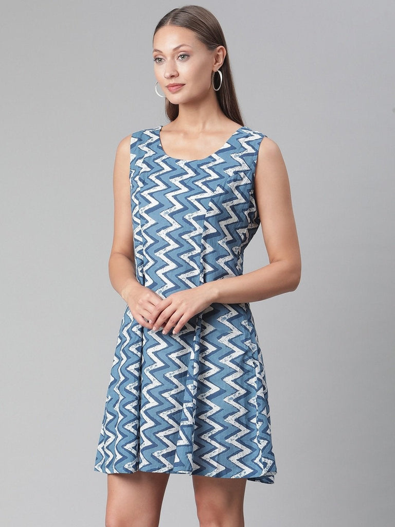 Women's Blue Knee Length Cotton Dress