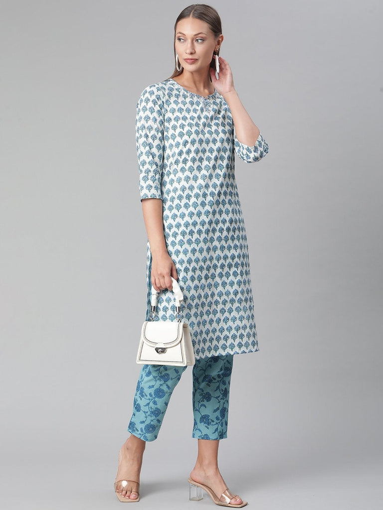 Women's White Cotton Kurta Pant Set