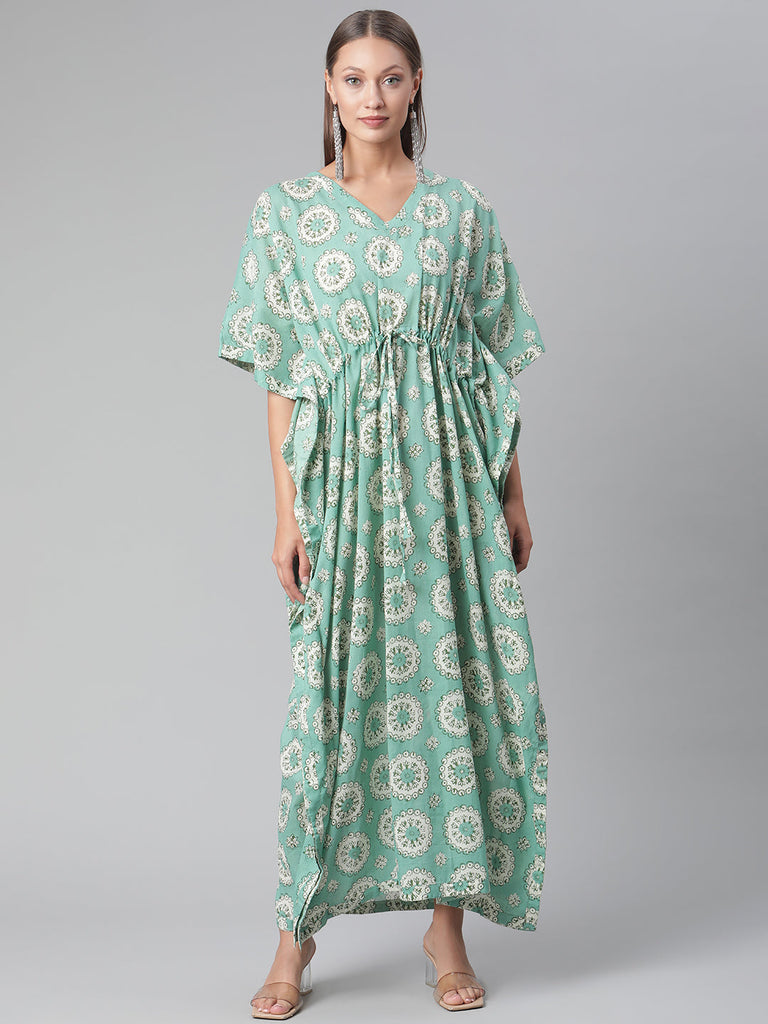 Women's Sea Green Floral Cotton Kafta
