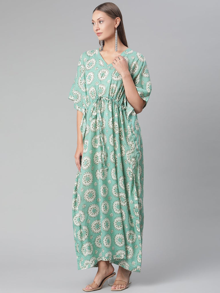 Women's Sea Green Floral Cotton Kafta