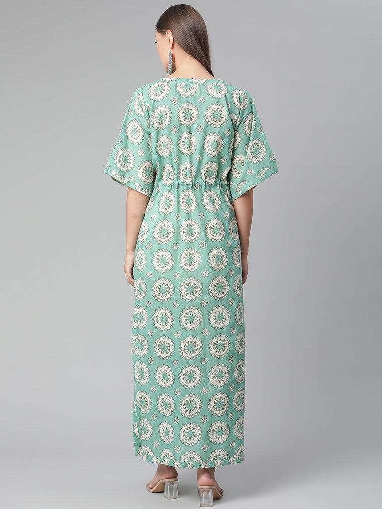 Women's Sea Green Floral Cotton Kafta