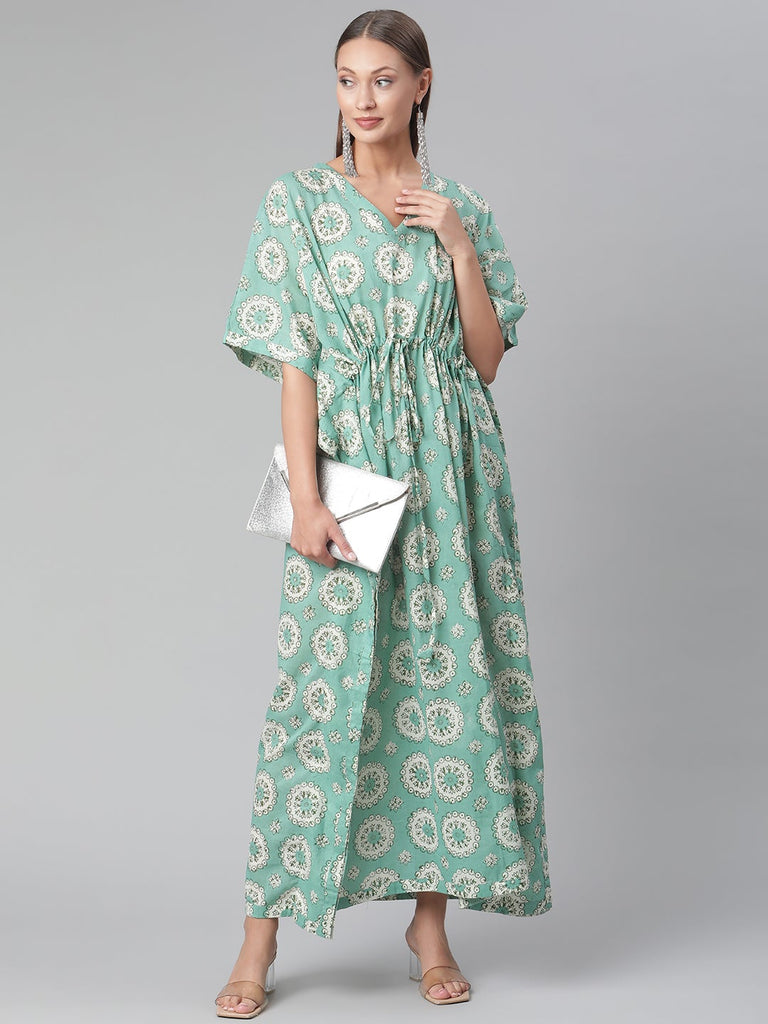 Women's Sea Green Floral Cotton Kafta