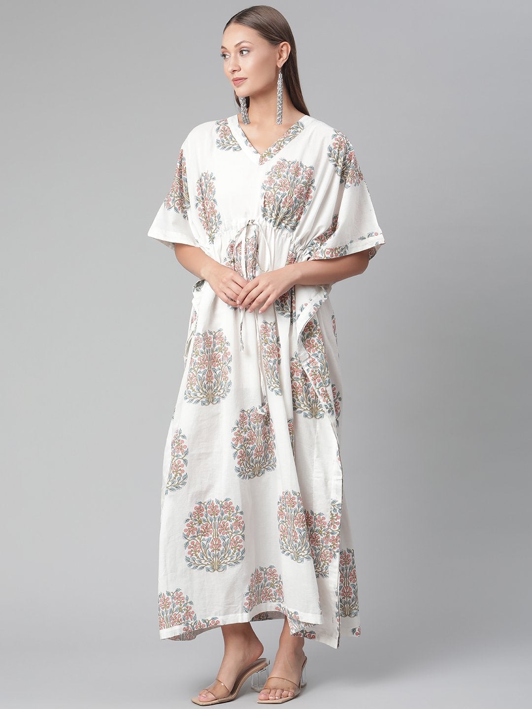 Women's White Floral Cotton Kaftan - Divena