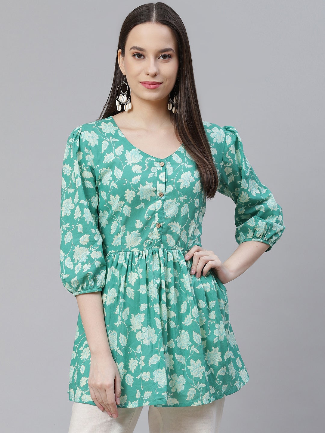Women's Sea Green Floral Printed Peplum Cotton Top