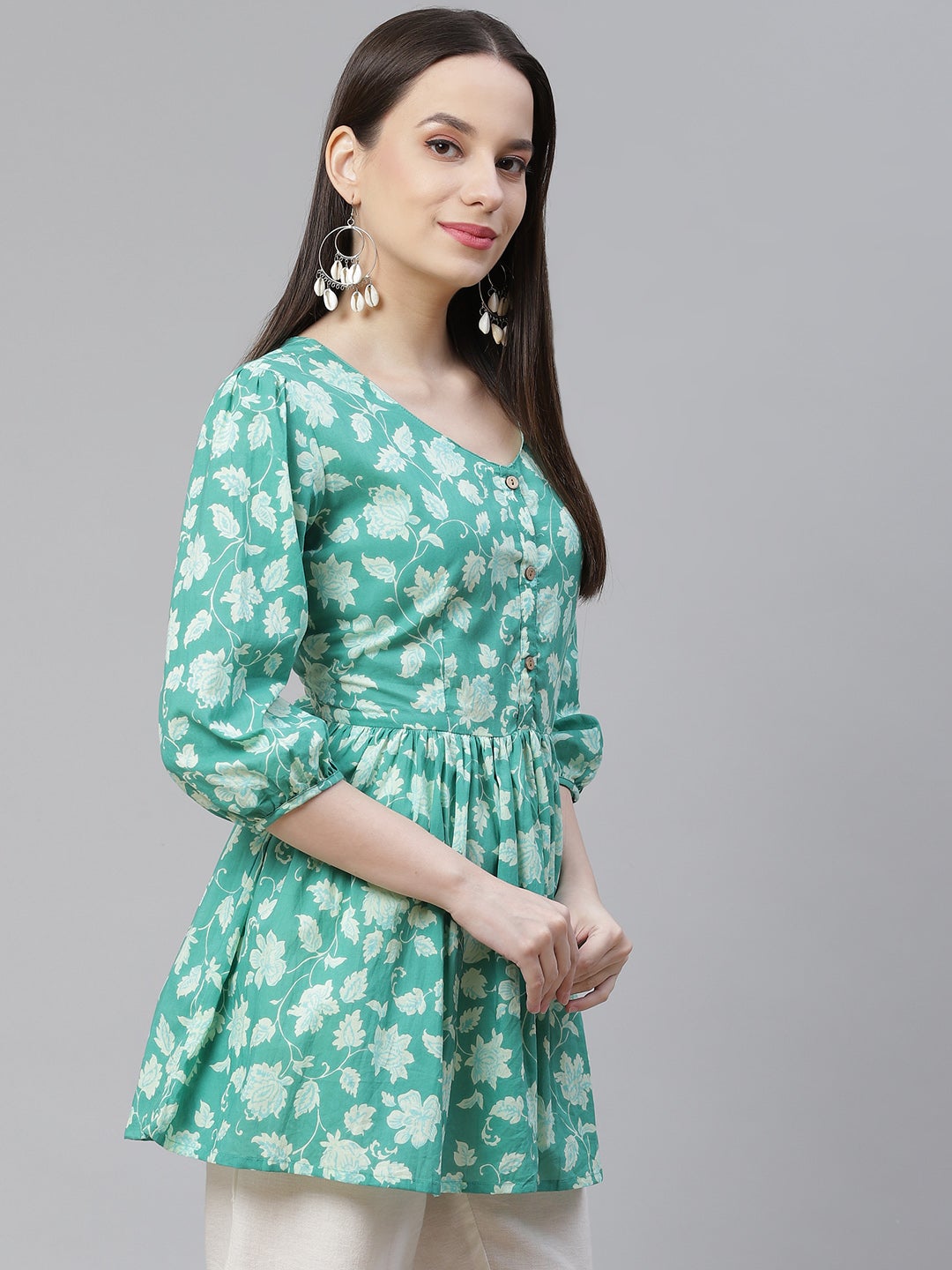 Women's Sea Green Floral Printed Peplum Cotton Top