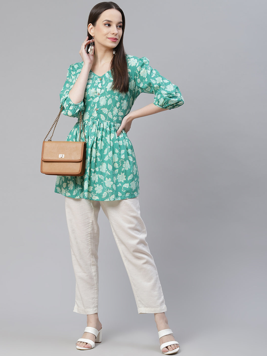 Women's Sea Green Floral Printed Peplum Cotton Top - Noz2Toz