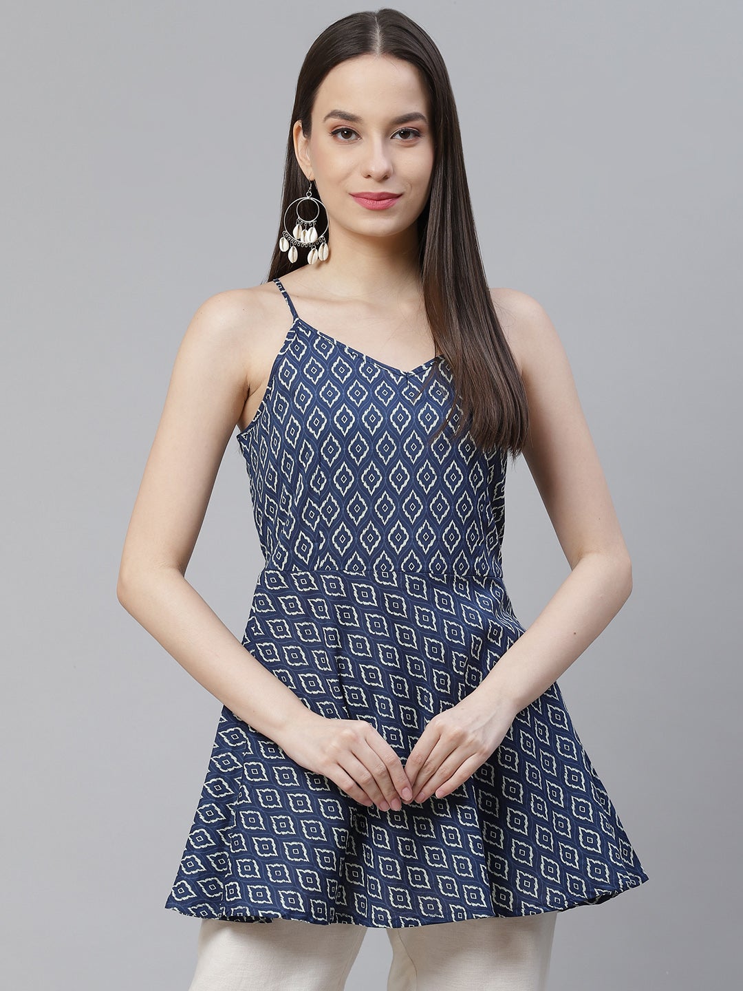 Women's Blue Geometric Printed Shoulder Strip Cotton Top - Wahenoor