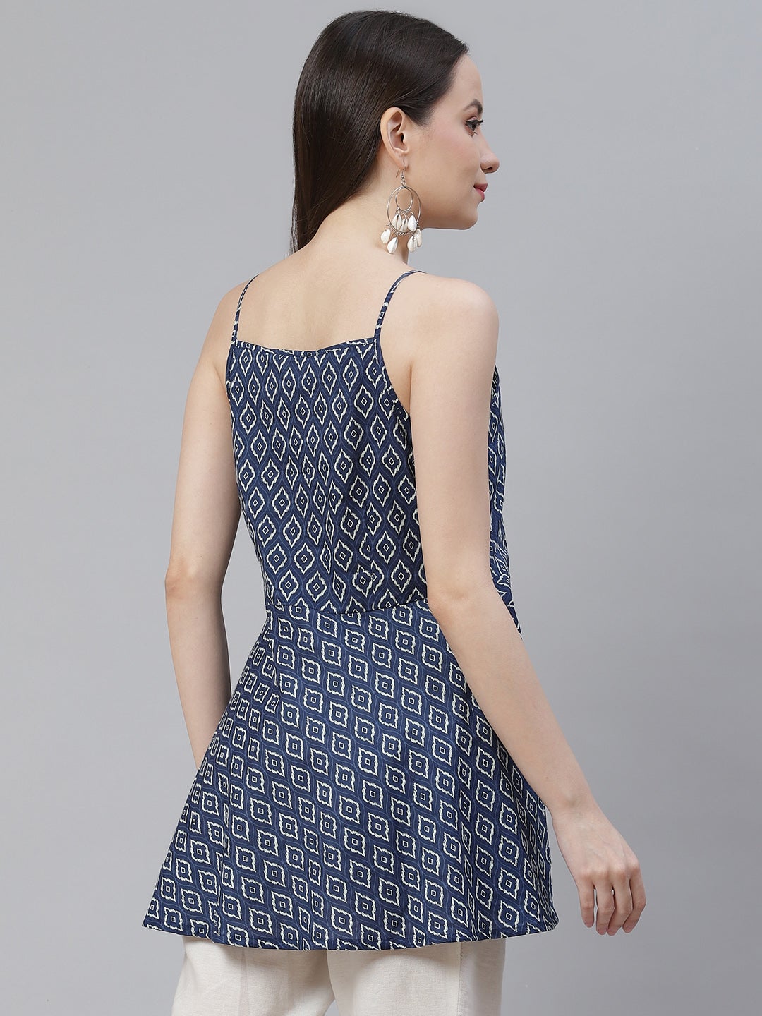 Women's Blue Geometric Printed Shoulder Strip Cotton Top - Noz2Toz