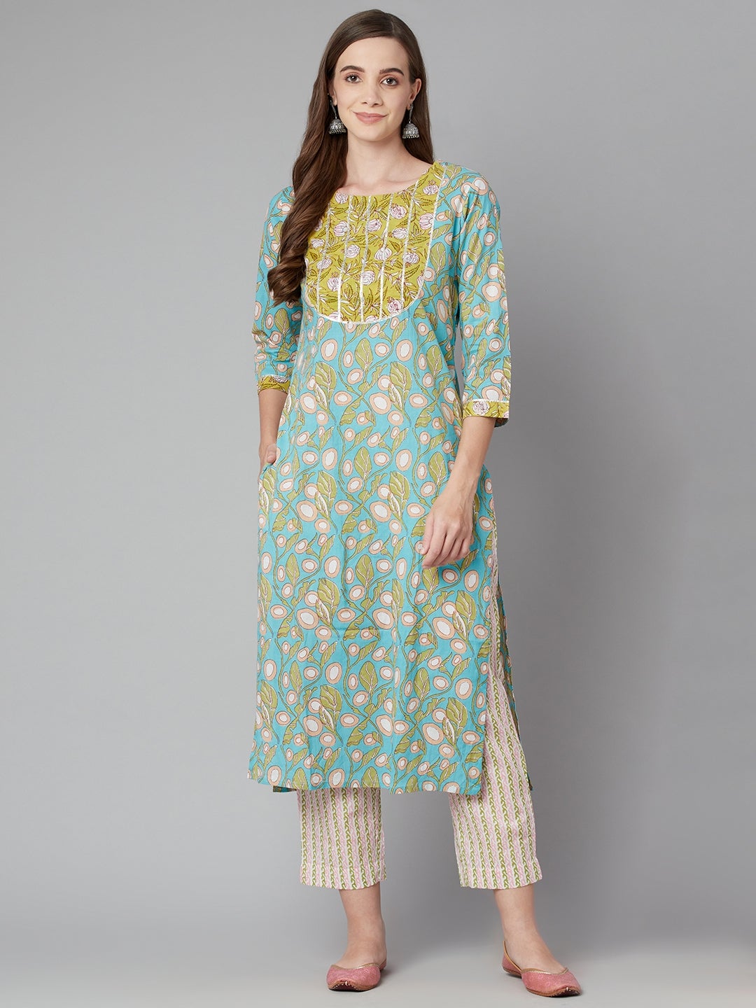 Women's Sky Blue Floral Printed Cotton Kurta Pant Se