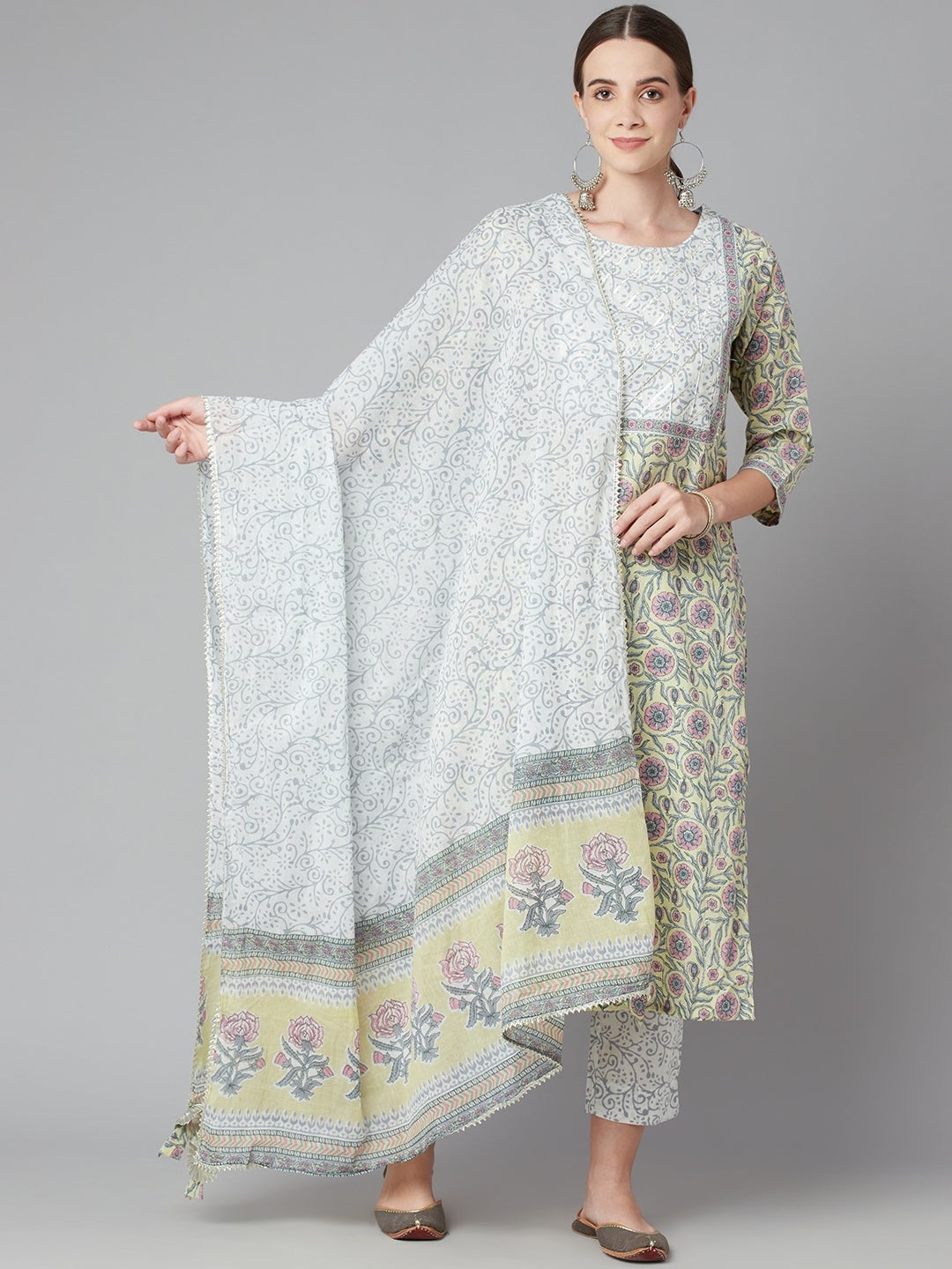 Women's Yellow Floral Printed Cotton Kurta Pant Set With Dupatt